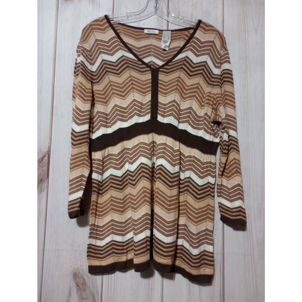 Liz and Co Sweater Ladies Extra Large Brown V-Neck 3/4 Sleeve